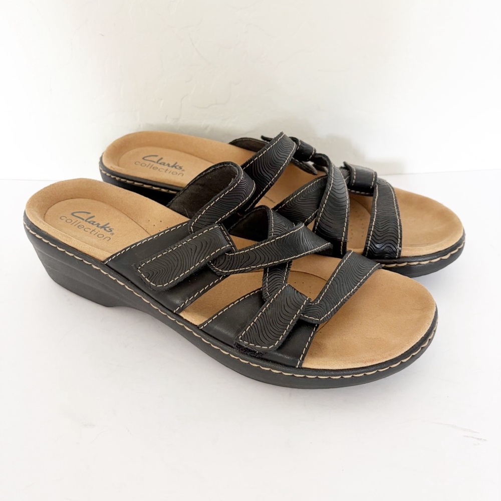 EUC Clarks Collection Merliah Karli Black Leather Slip On Sandals Size 10N
